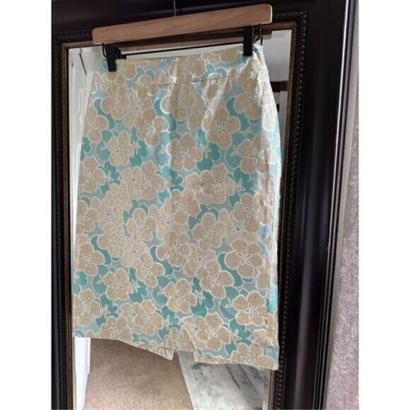 Antonio Melanie Metallic Pencil Skirt Women’s Size 0 Teal Gold Floral Brocade - Picture 3 of 9